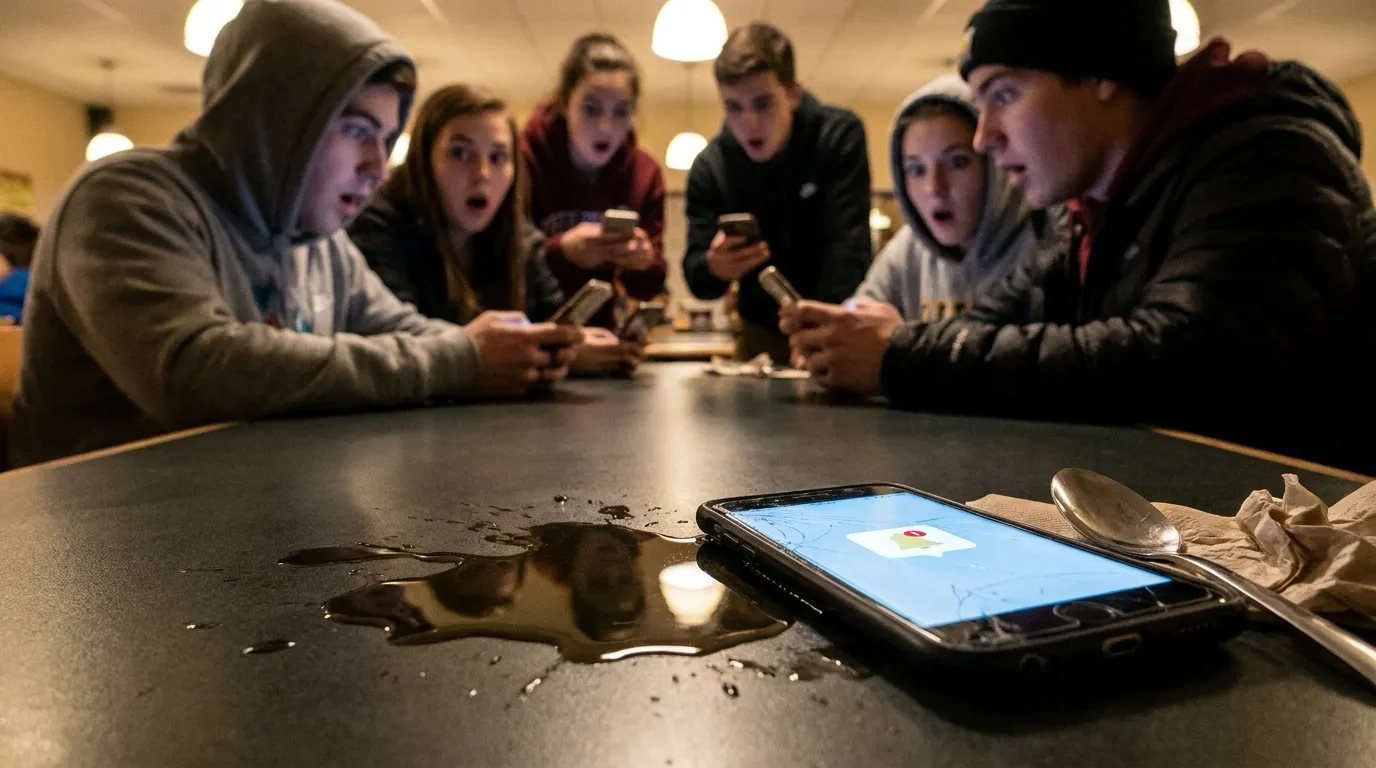 A smartphone lying face-up on a wet cafeteria table, screen glowing, while other students in the background look down at their own phones in shock.