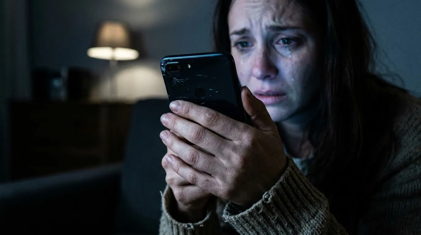 Woman reading a shocking text message on a glowing smartphone in the dark