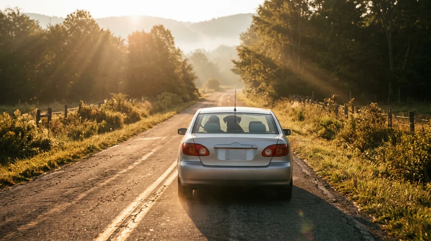 A dog looking out the rear window of a car driving down a sunny rural road
