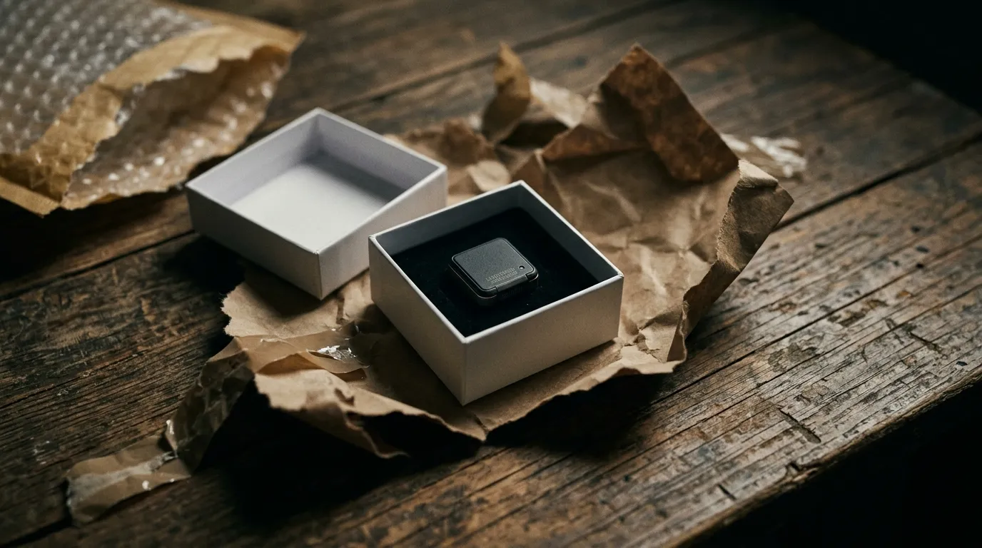 A small electronic GPS tracker inside a white jewelry box