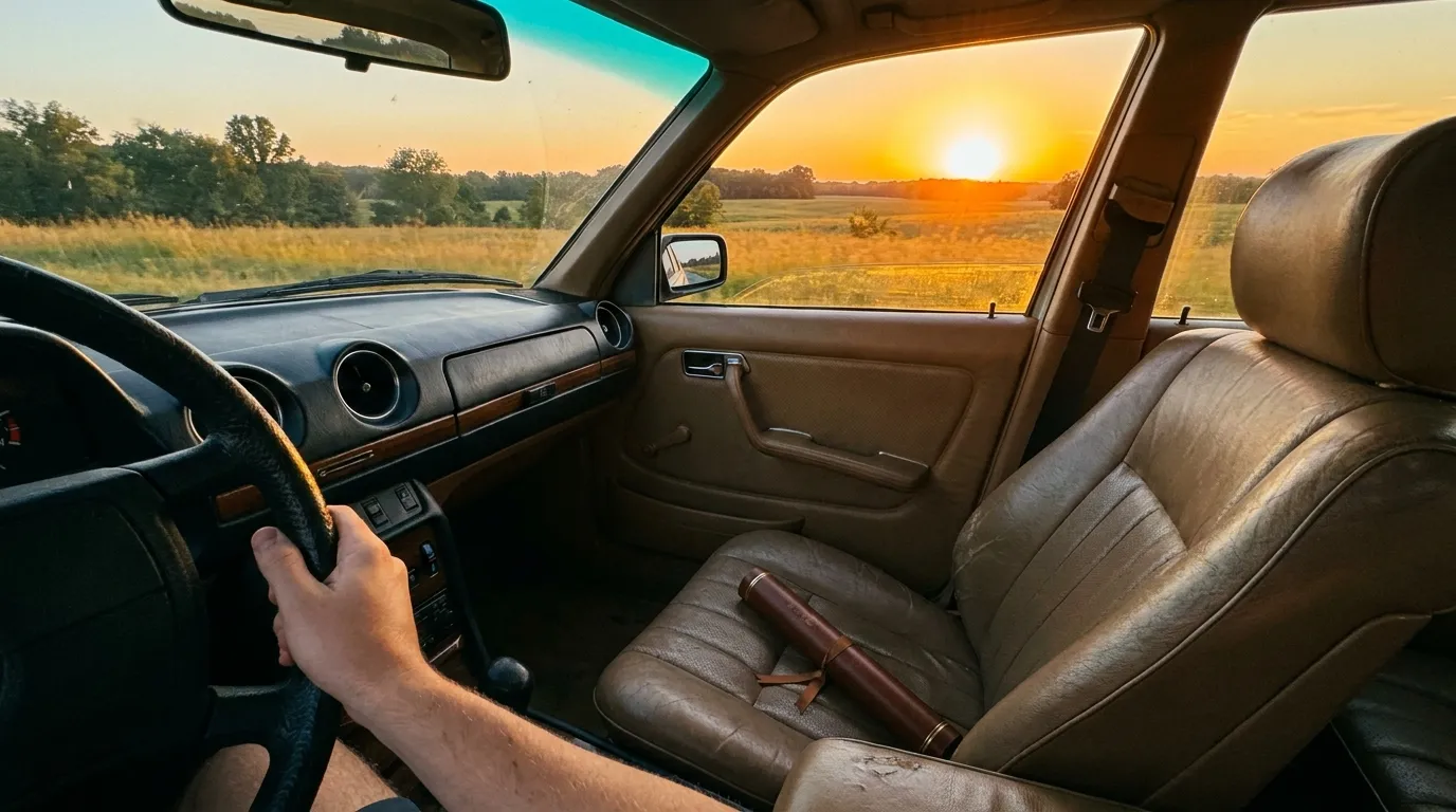 A leather bound college diploma resting on the passenger seat of a car driving down an empty, golden county road at sunset.