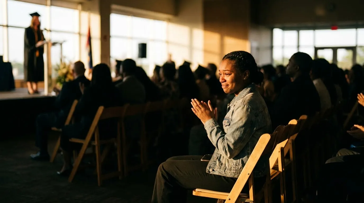 A young woman sitting in the back row of a graduation ceremony, smiling proudly.
