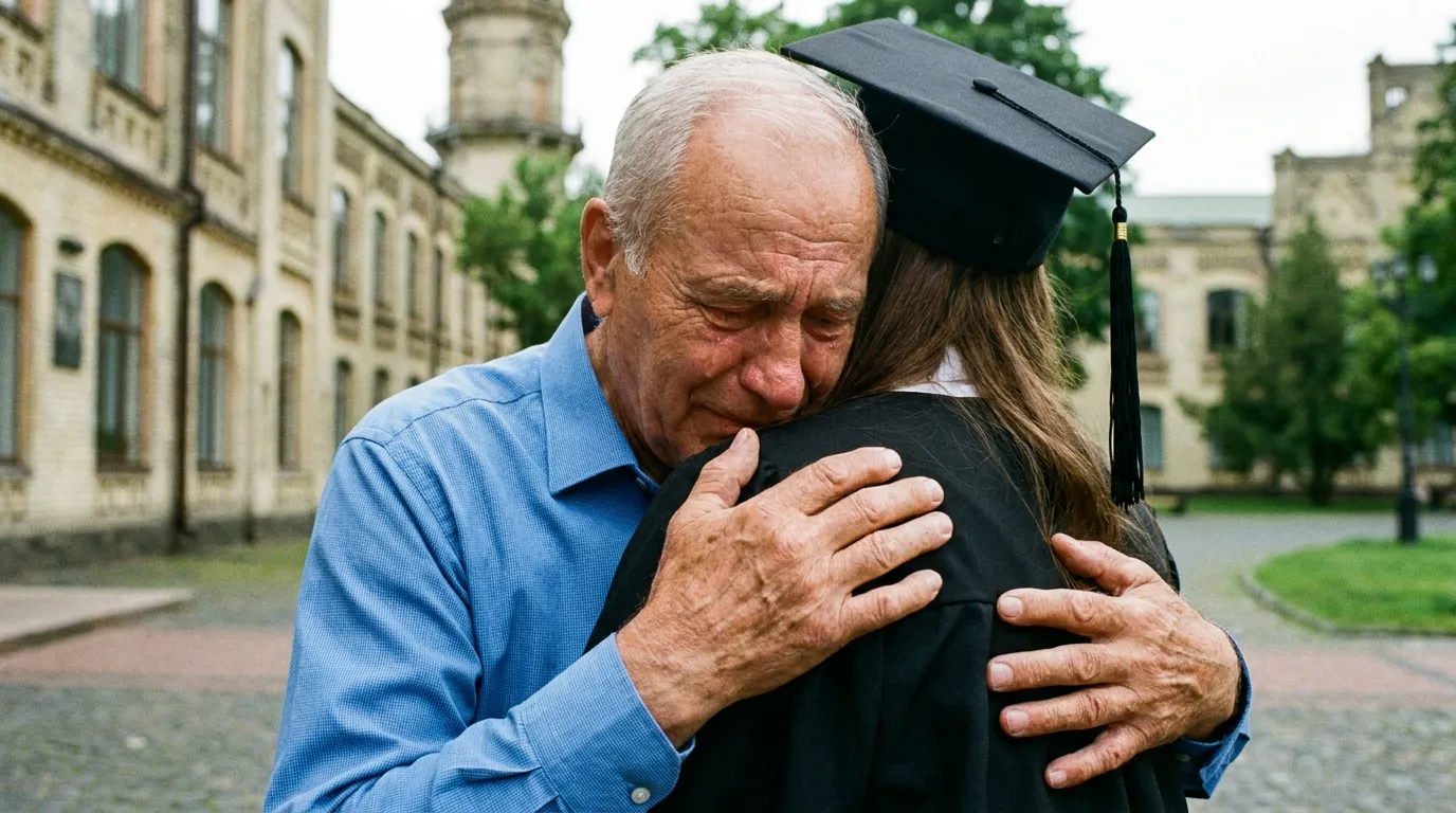 College graduate hugging her grandfather, his weathered hands resting on her gown