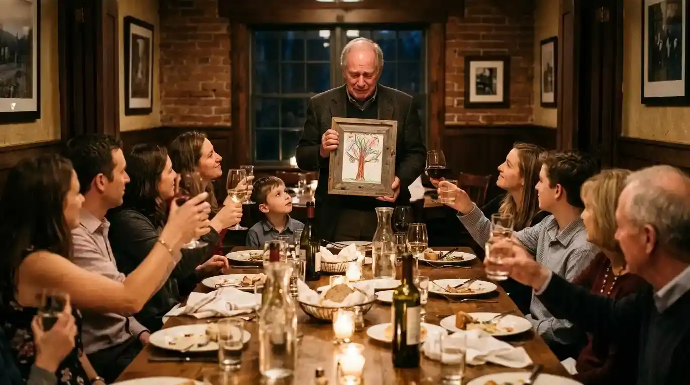 Grandfather holding a child's framed tree drawing during a family birthday toast