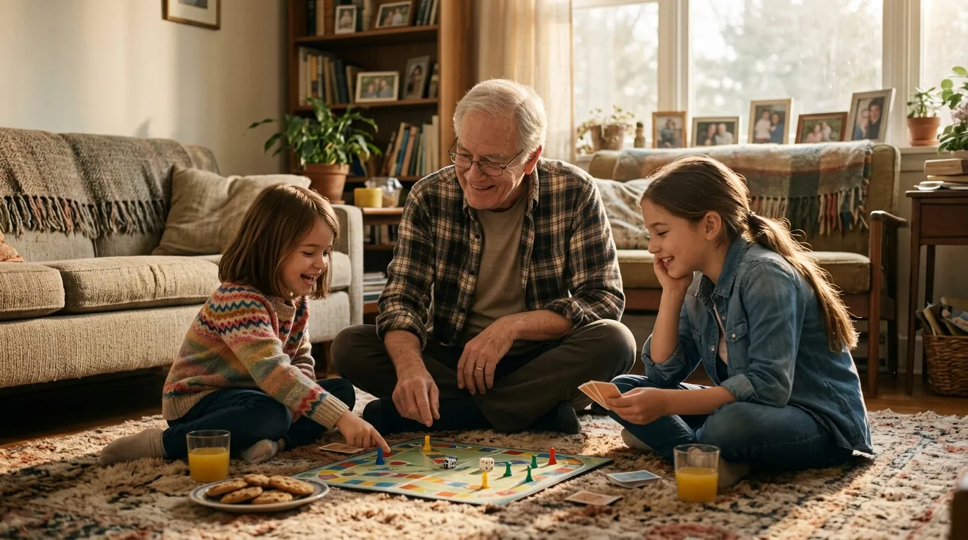Grandfather sitting on the floor playing a board game with his two granddaughters