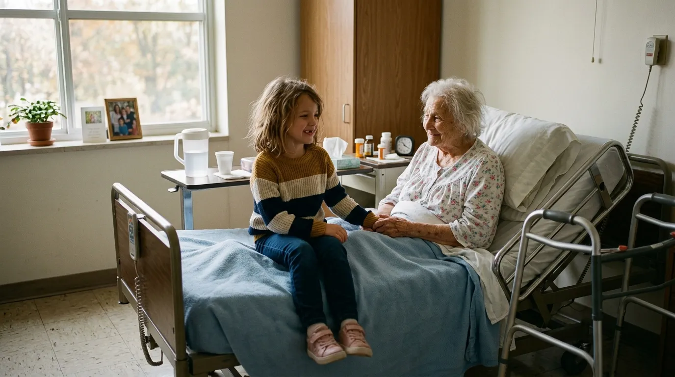 An 8-year-old girl smiling at her elderly grandmother in a nursing home bed