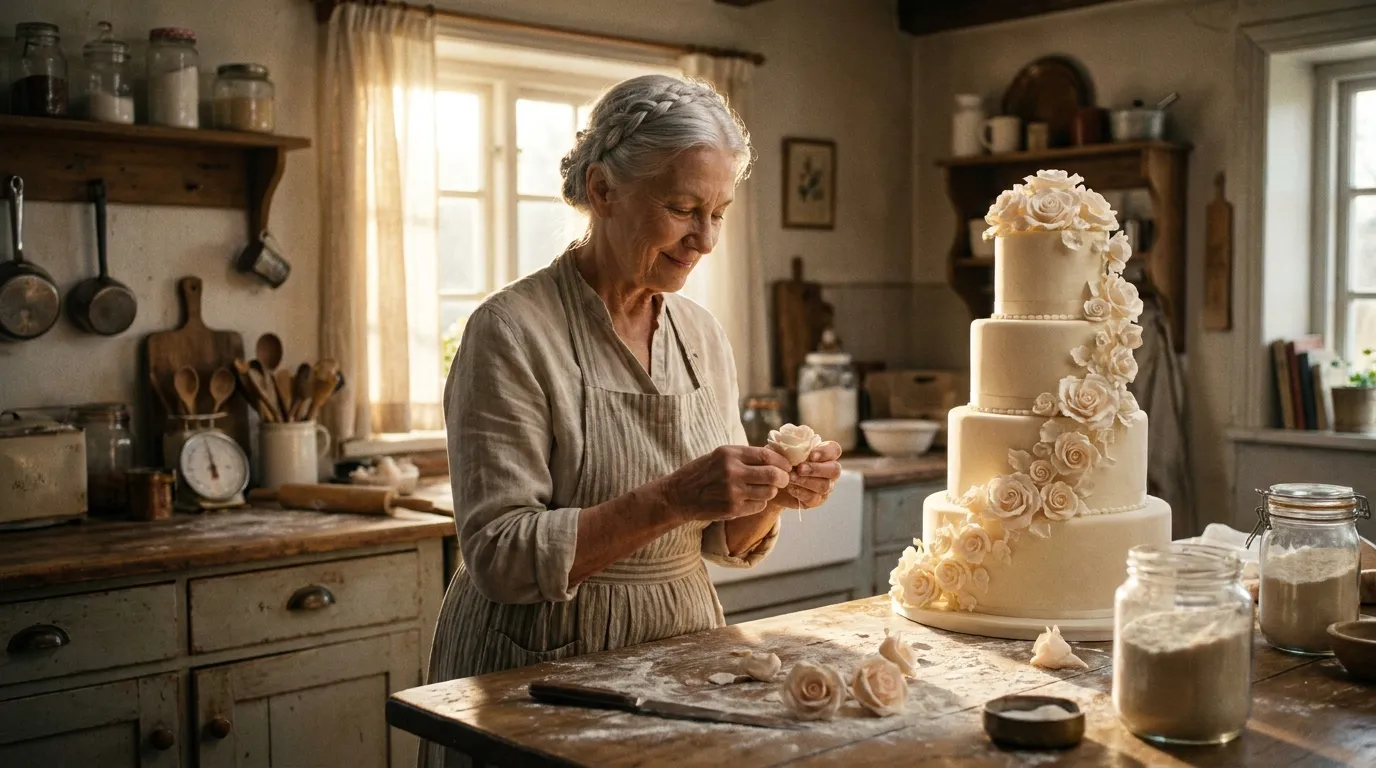 A 73-year-old grandmother carefully crafting delicate sugar roses in a cozy kitchen.