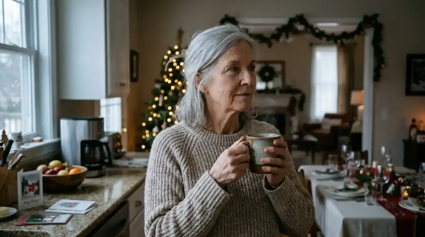 Evelyn holding coffee mug in kitchen overhearing her daughter on the phone
