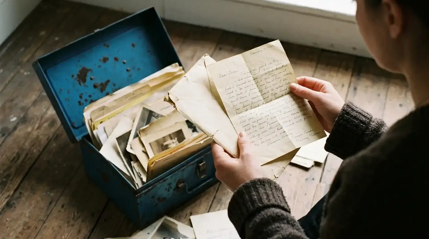 A woman holding a handwritten letter from an old envelope next to a blue metal document box