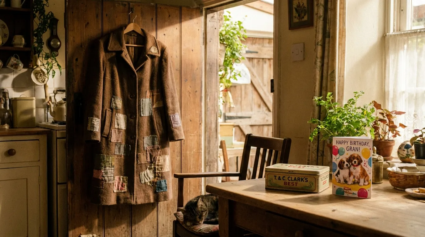 A worn brown wool coat with visible stitched patches hanging by a rustic wooden back door.