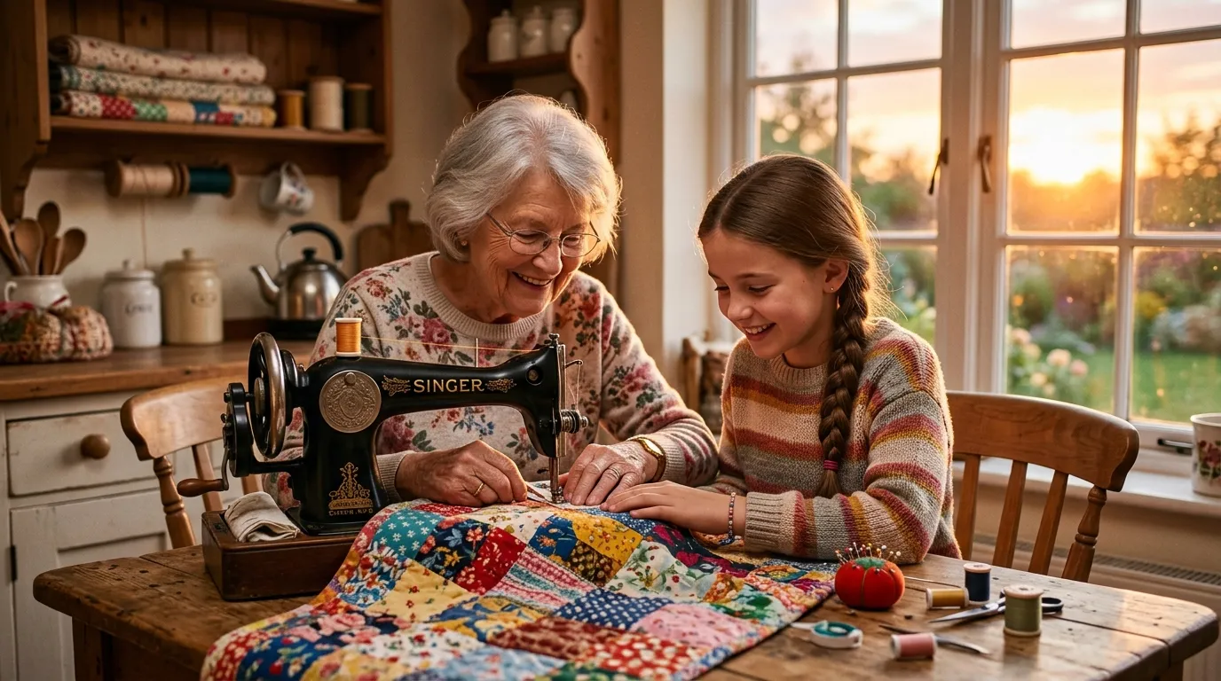 Older woman and young girl sewing a patchwork quilt together at sunset