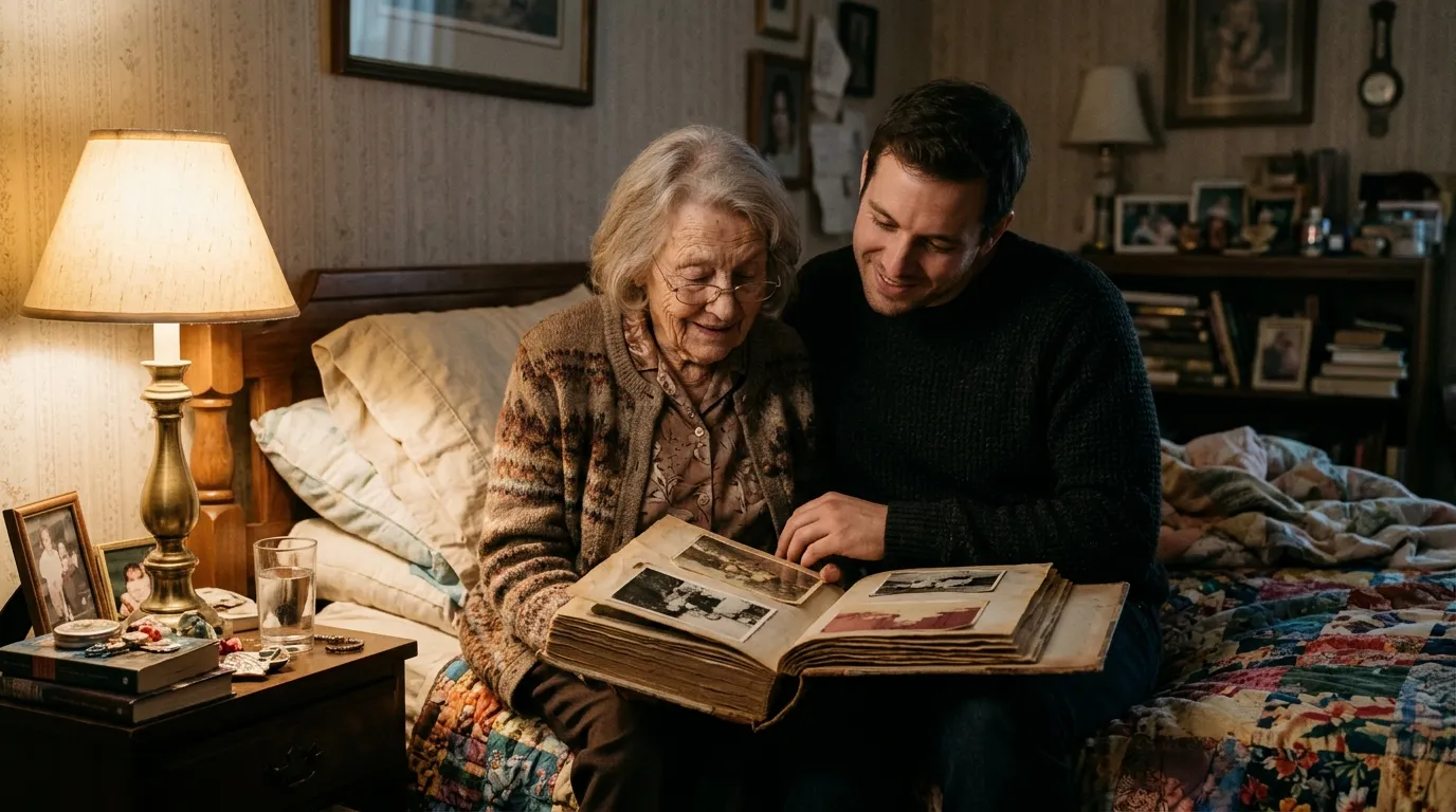 A grandmother and her grandson smiling together while looking at an old photo album on a bed