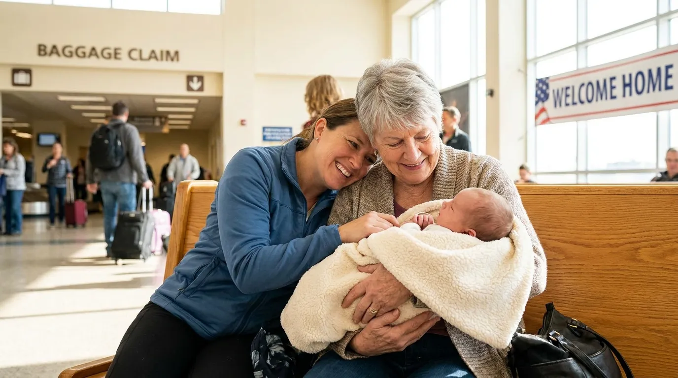 A radiant older woman sitting on an airport bench, gently holding a tiny newborn baby wrapped in a blanket, while her adult daughter leans affectionately on her shoulder.