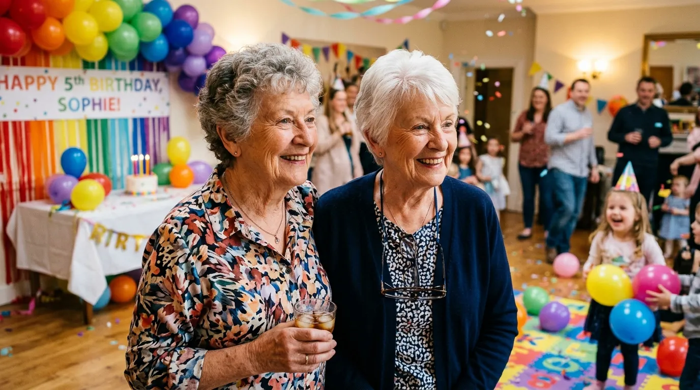 Two grandmothers standing side by side smiling at a grandchild's birthday party