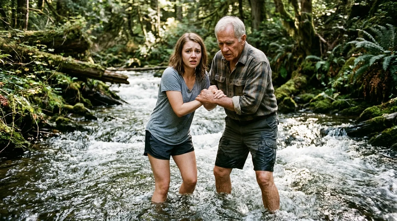 Emily and her grandfather standing at the edge of a dark, mysterious forest.