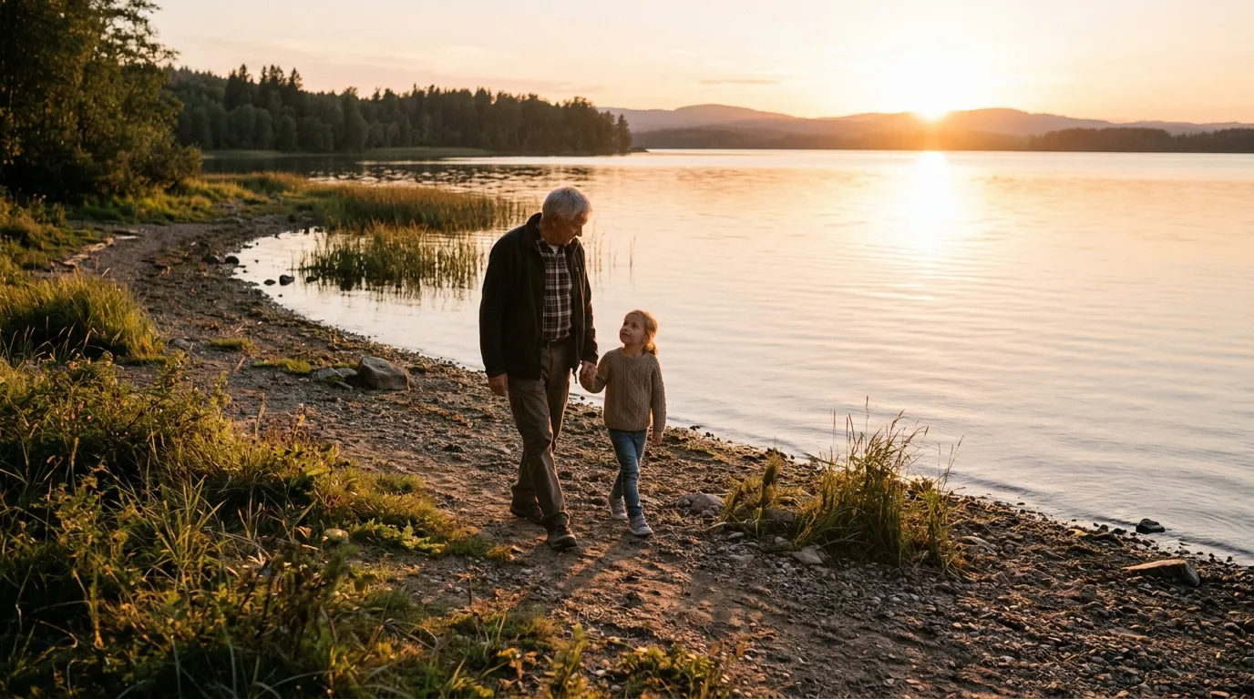 Grandpa and Emily walking peacefully by a serene lake at sunset