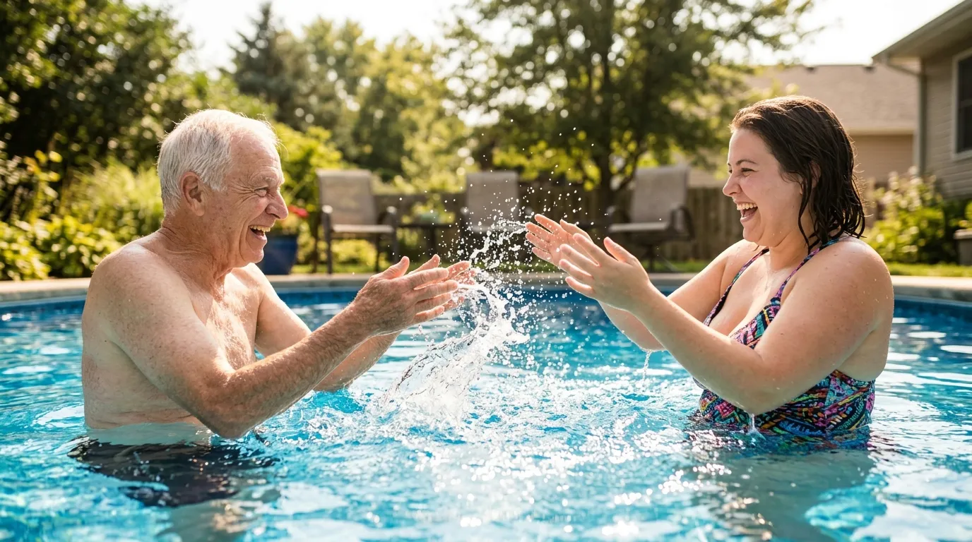Grandpa and Emily laughing and splashing water joyfully in the swimming pool