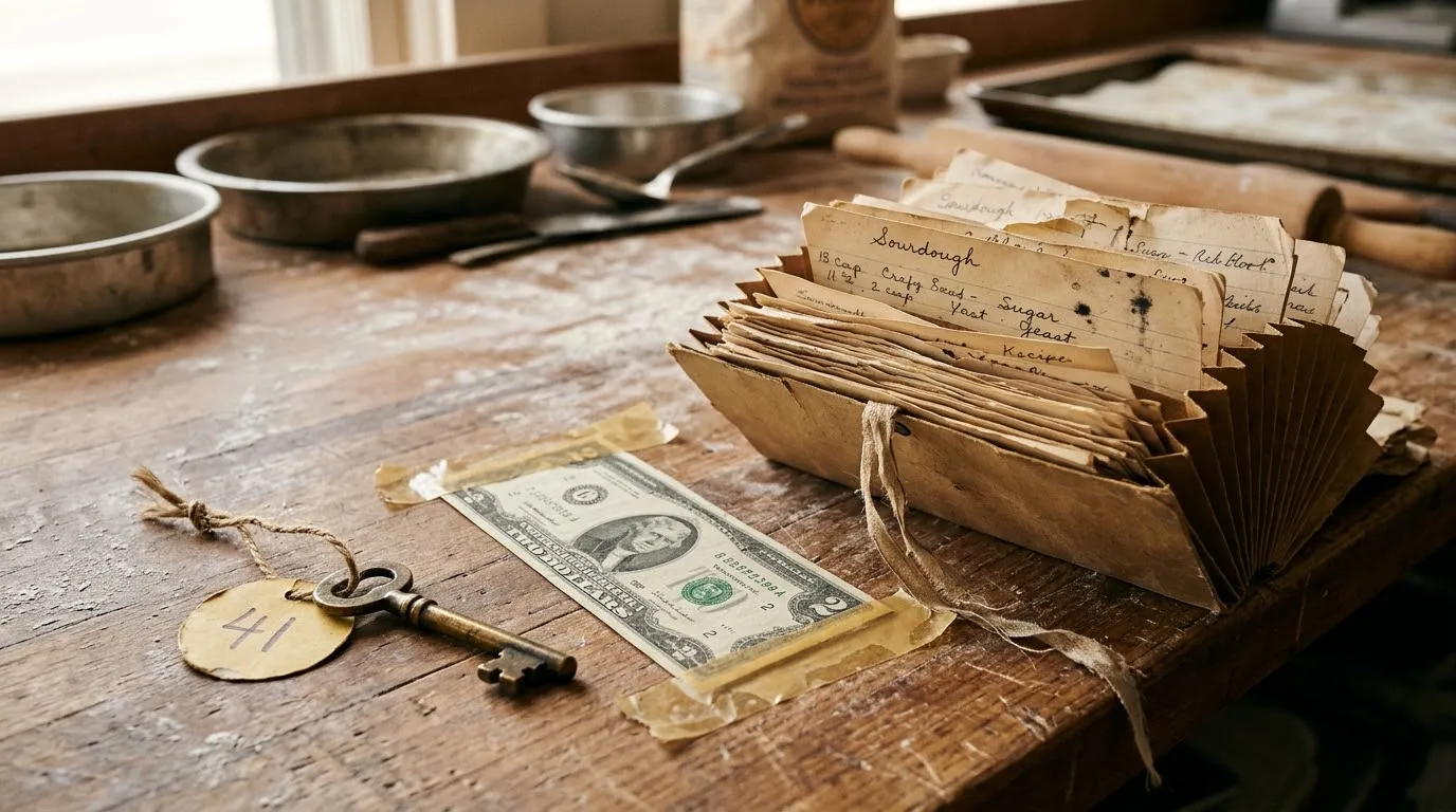 Old brass key, vintage two-dollar bill, and handwritten recipe cards on a wooden bench