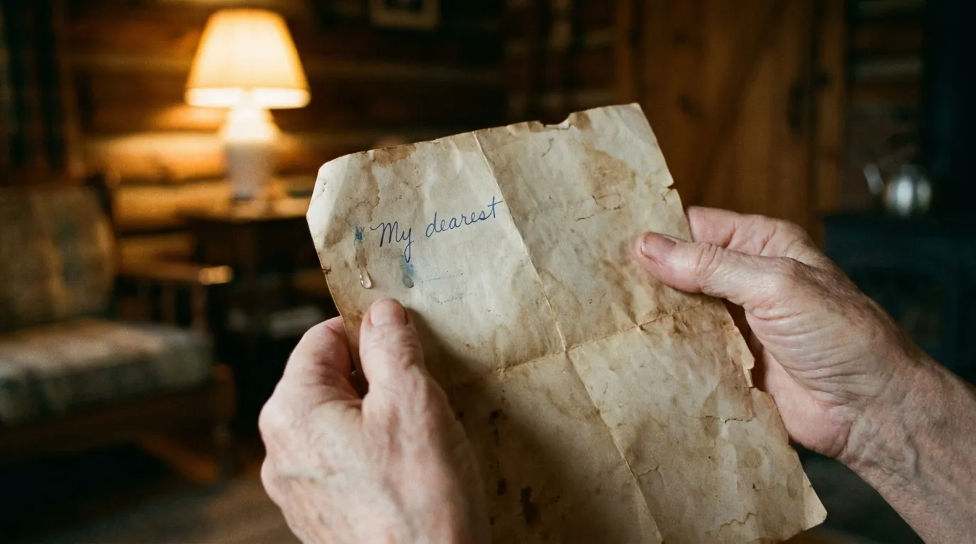 A weathered piece of paper featuring crooked cursive handwriting and a teardrop.