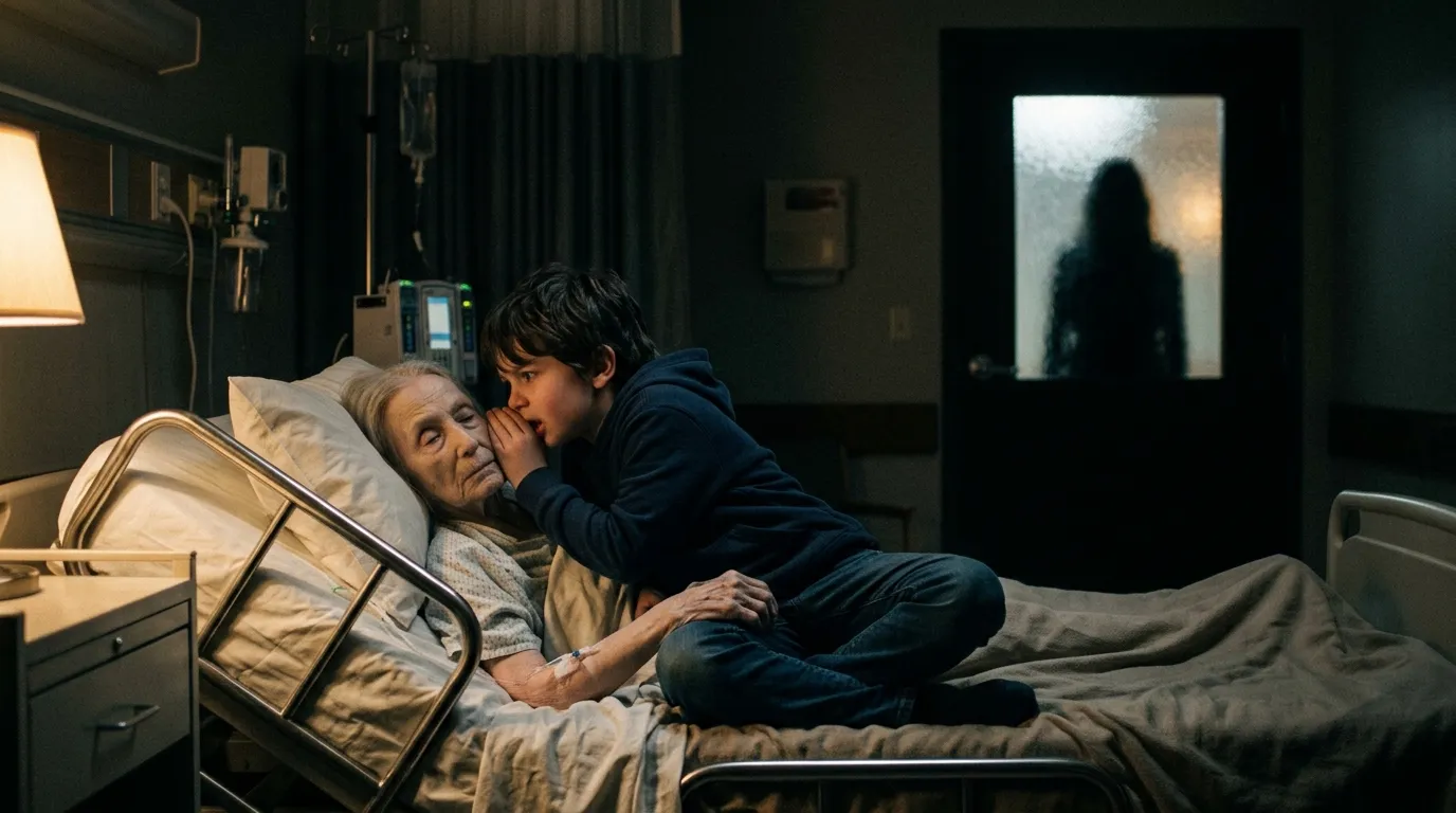 Young boy whispering a warning to his grandmother in a hospital bed