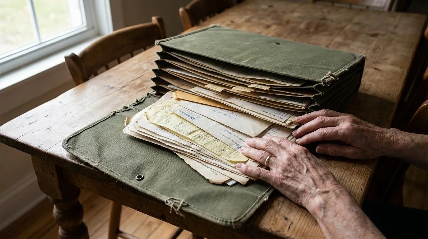 Old green accordion file folder overflowing with receipts on a wooden table