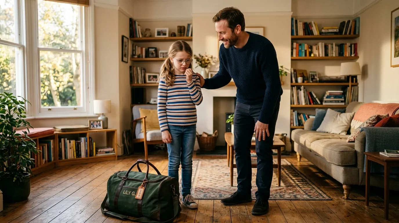 A 10-year-old girl with glasses looking anxious by her duffel bag while a man comforts her