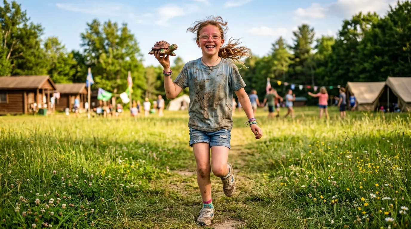 A happy girl running across a grassy field with a clay turtle