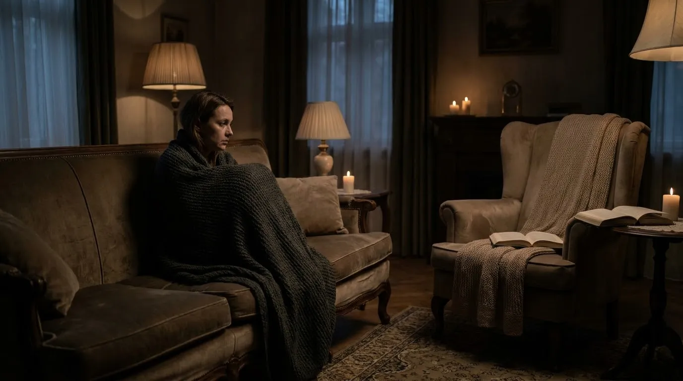 A grieving woman staring at an empty reading chair in a dimly lit living room