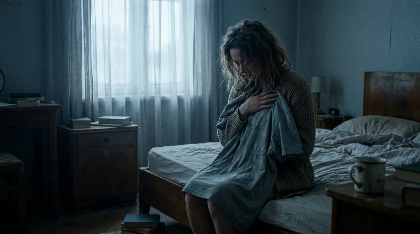 A grieving woman sitting on a bed holding her late husband's shirt