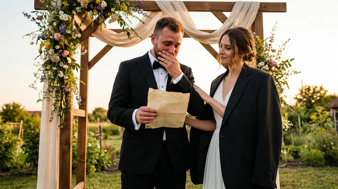 Groom looking shocked as he reads an old yellowed letter at the altar