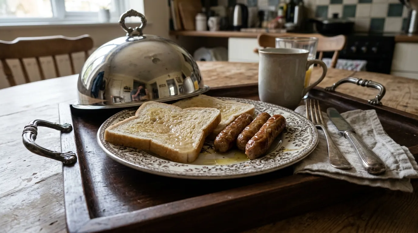 Soggy toast and sausages on a wooden breakfast tray under a silver dome