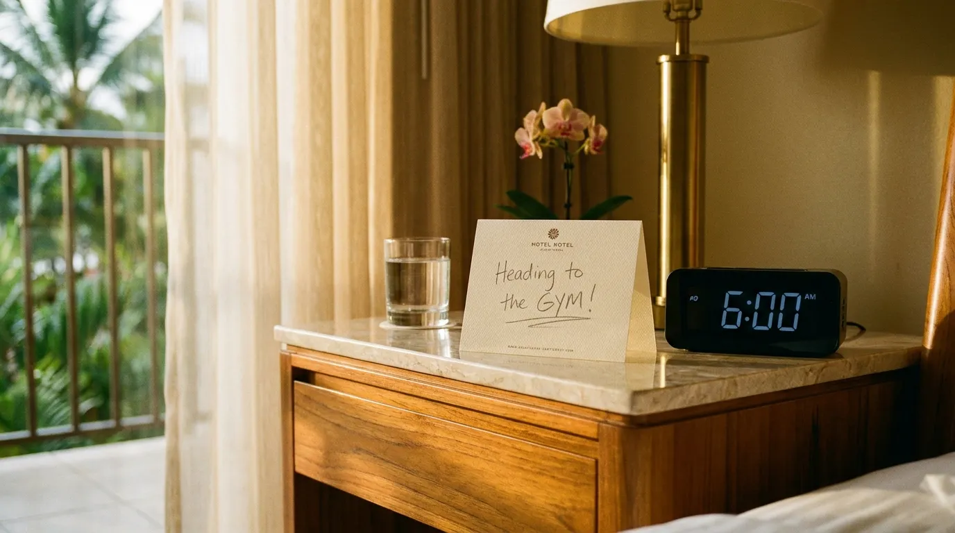 A handwritten note on a resort nightstand saying 'Heading to the GYM!'