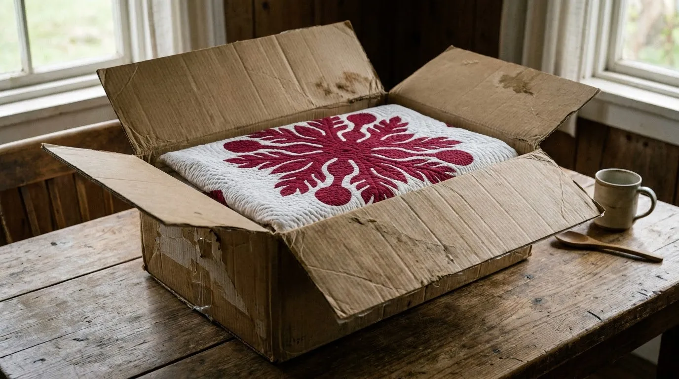 Beautiful white and deep red Hawaiian quilt inside an opened cardboard box