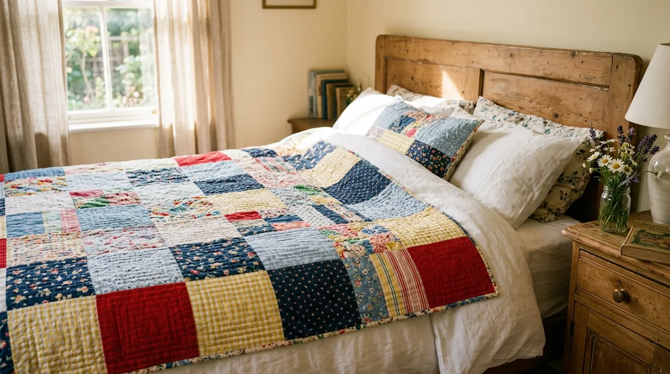Close-up of a handmade patchwork quilt on a bed in a sunlit room