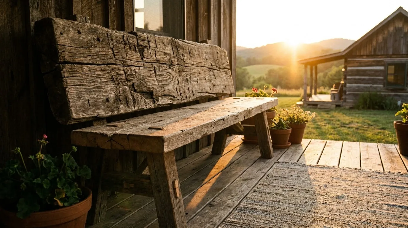 A rustic handmade bench featuring an old fence post on a front porch facing the sunset