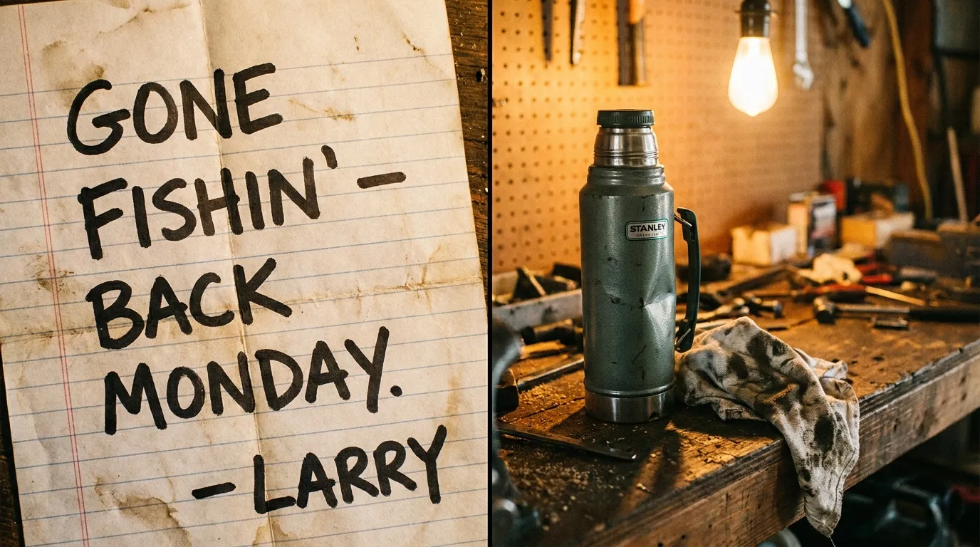 A handwritten note in thick block letters next to a mechanic's thermos