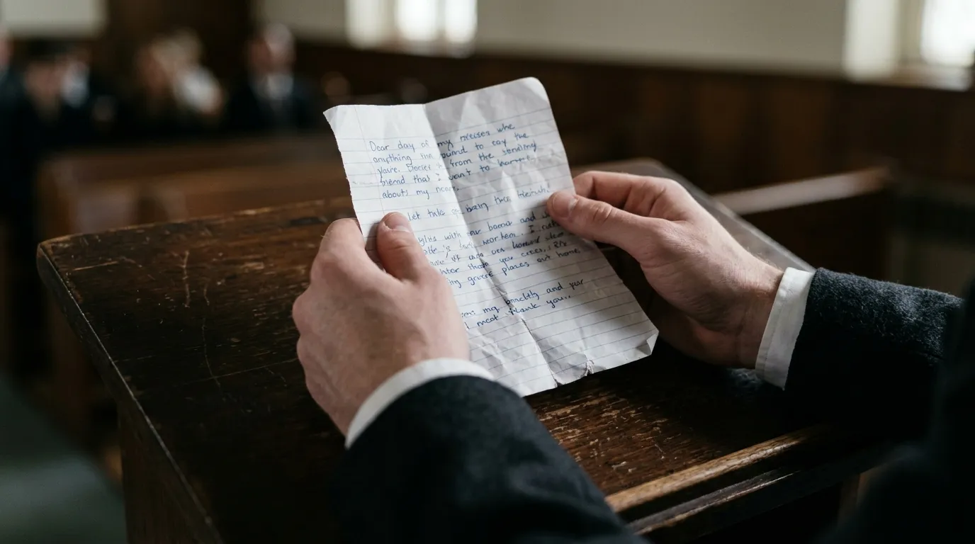 Trembling hands holding a folded piece of lined paper at a wooden podium