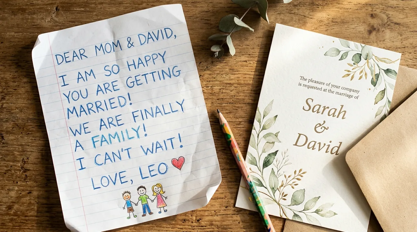 A close-up of a child's handwritten letter next to a beautiful wedding invitation on a wooden desk.