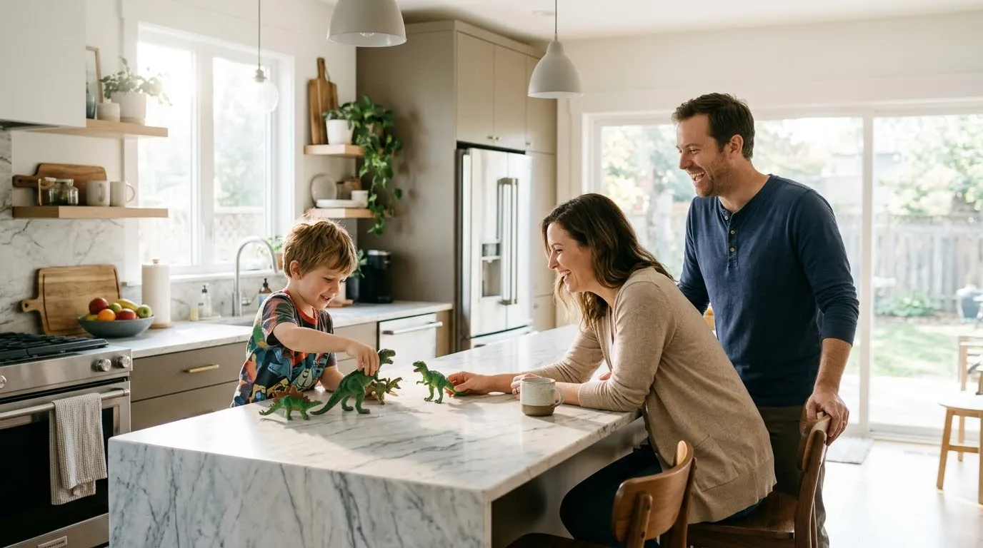 Husband and wife laughing in the kitchen while a little boy plays with toy dinosaurs