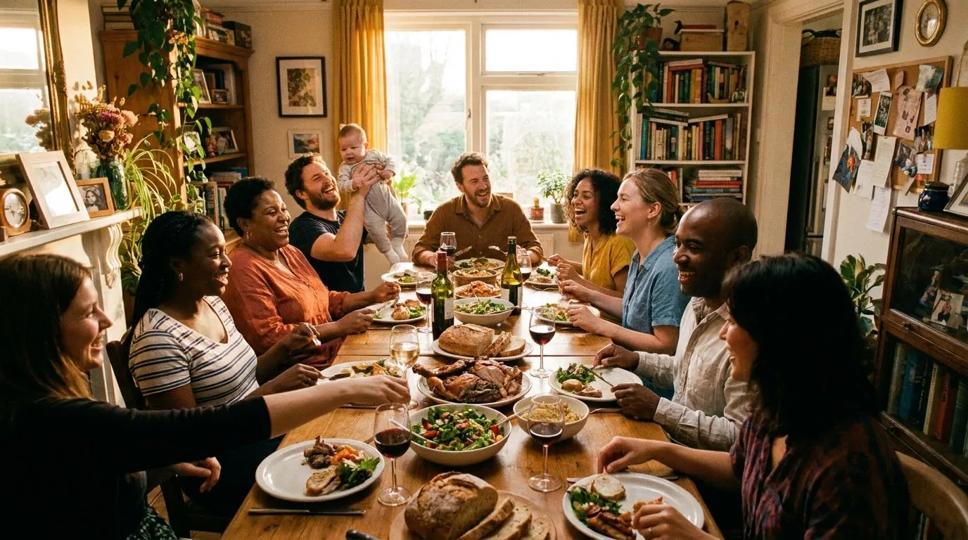 Diverse neighbors and friends gathered around a large dining table enjoying a feast