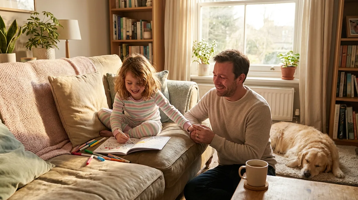 Smiling little girl coloring with markers on a cozy couch while her father kneels warmly next to her