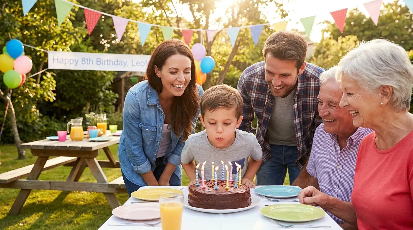 Happy family celebrating an 8-year-old boy's birthday in a sunny backyard