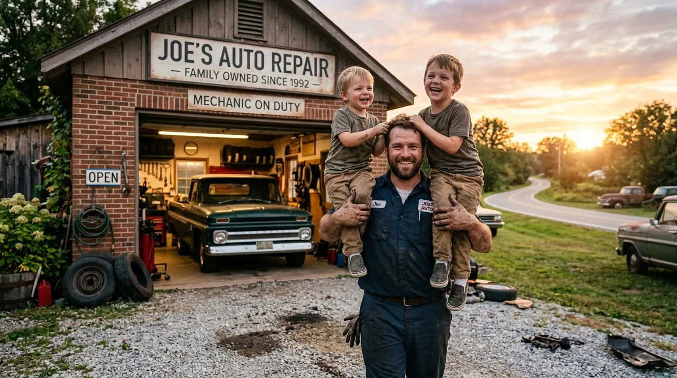 Joyful mechanic carrying his two young sons on his shoulders outside his shop