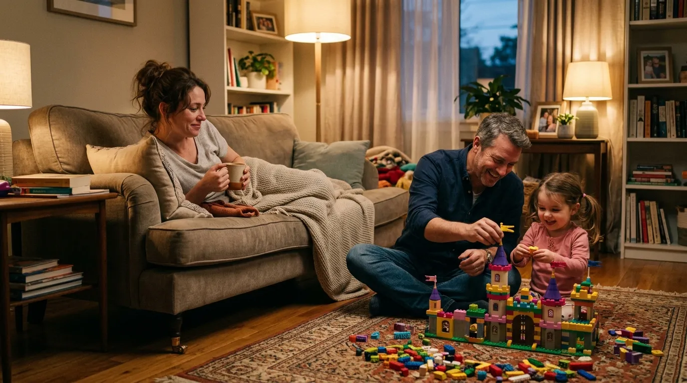 A tired mother watching a man build legos with her daughter
