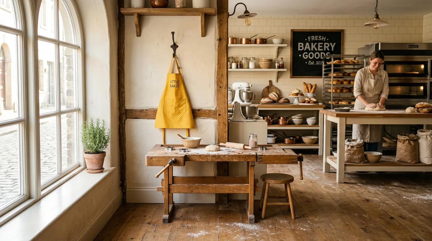 A child-sized wooden baking workbench in a professional kitchen with a small yellow apron hanging above it