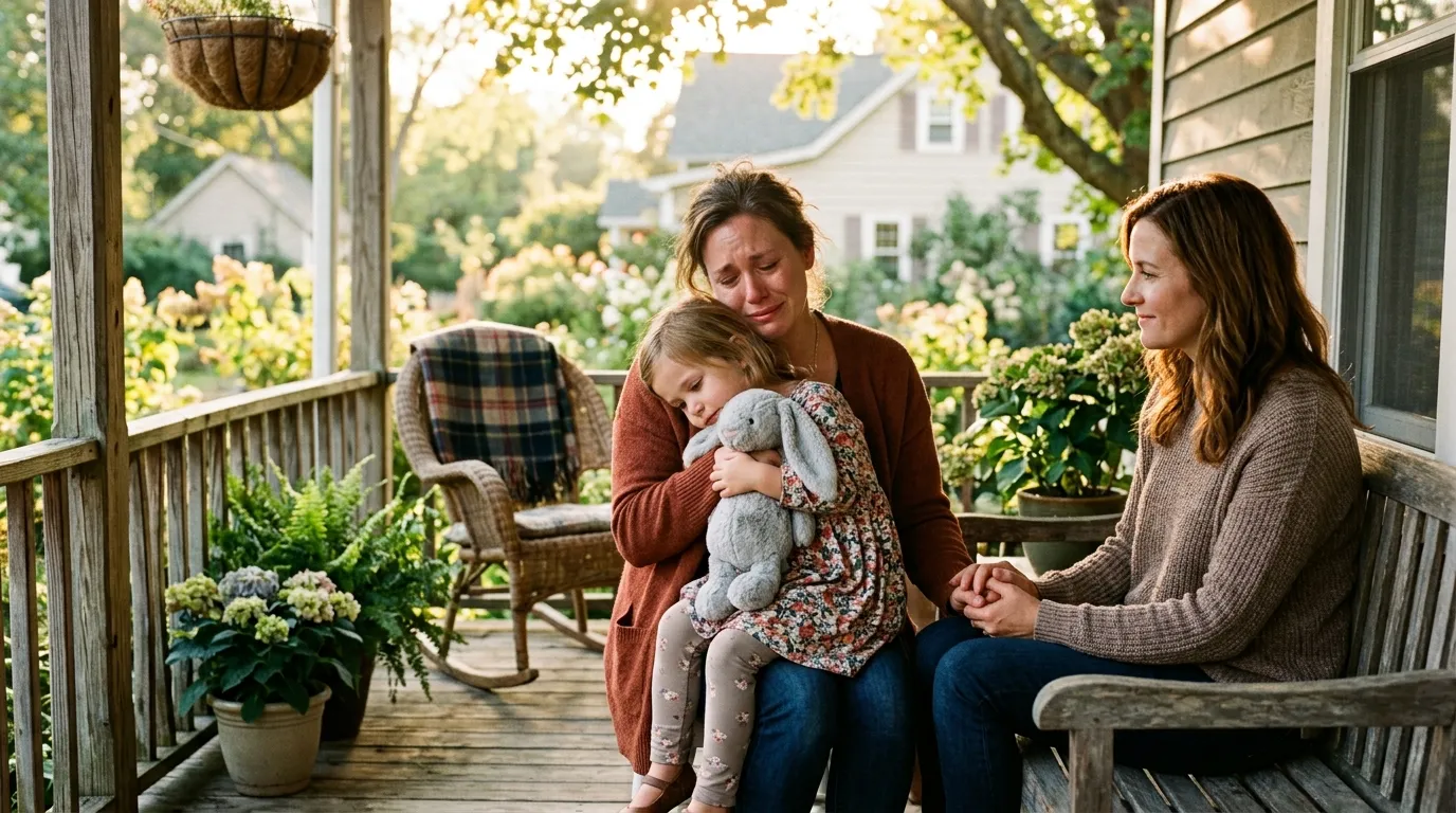 A mother hugging her daughter on a porch with a friend nearby