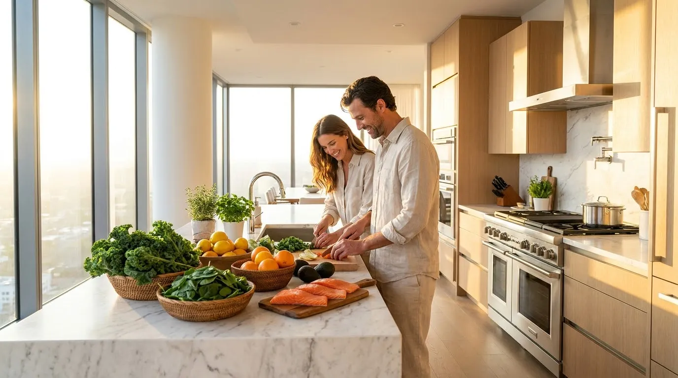 A luxurious kitchen filled with fresh, healthy groceries