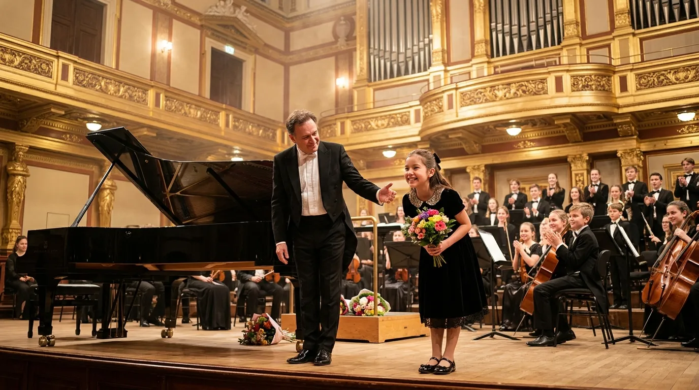 A grand concert hall where a man in a conductor's suit and a young girl bow in front of a grand piano.