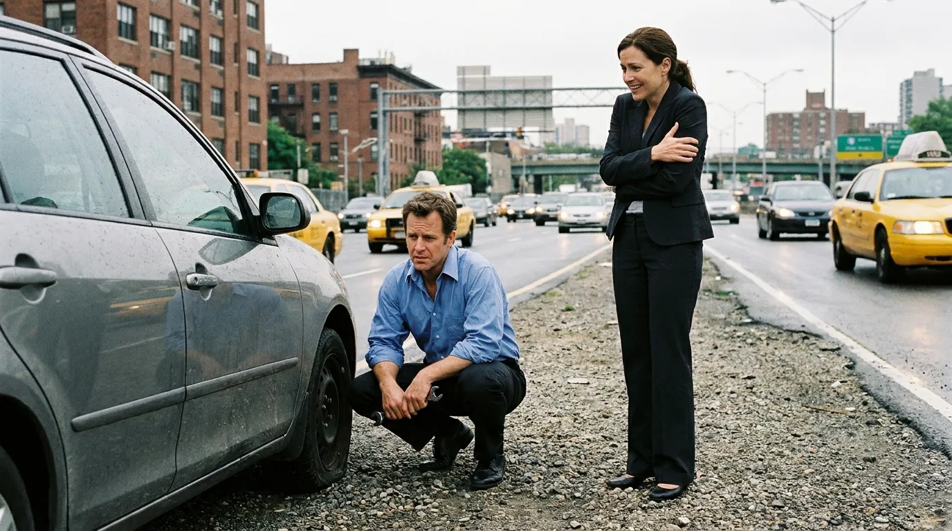 A man in a dress shirt changing a flat tire on a gray sedan while a professional woman watches.