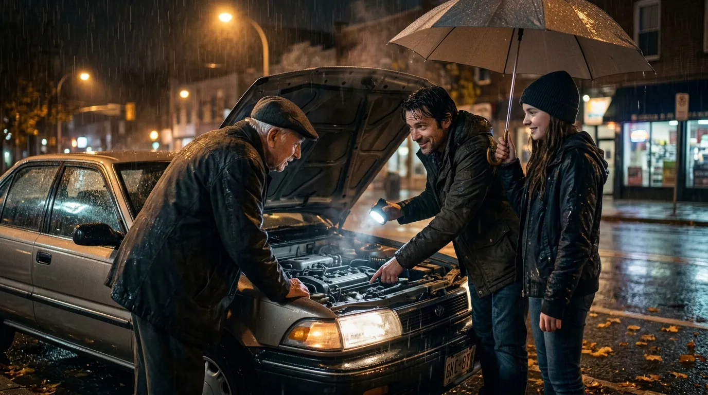 Father and daughter helping an elderly man with his broken down car in the rain